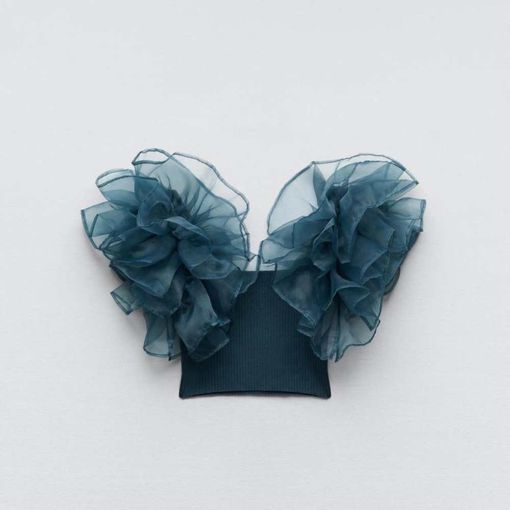 Zara Contrasting Organza Top Duck Blue Size M